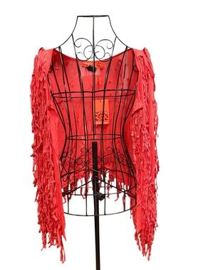 Festive Open-Knit Fringe Sleeve Women's Cardigan in Red Orange